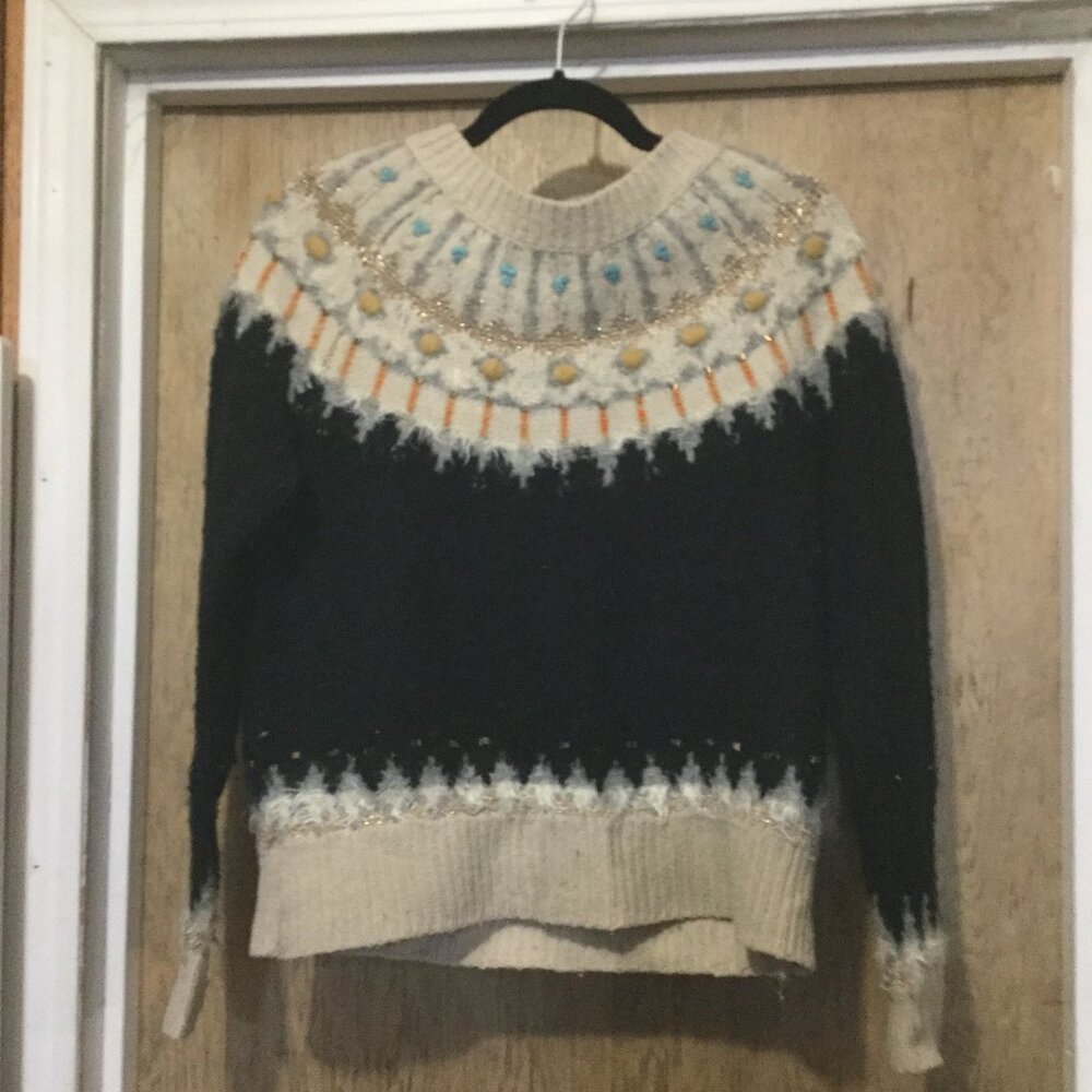 Sleeping On Snow crewneck knit sweater size medium dark navy fairisle